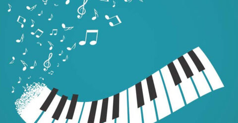 clavier de piano avec notes de musiques s'envolant